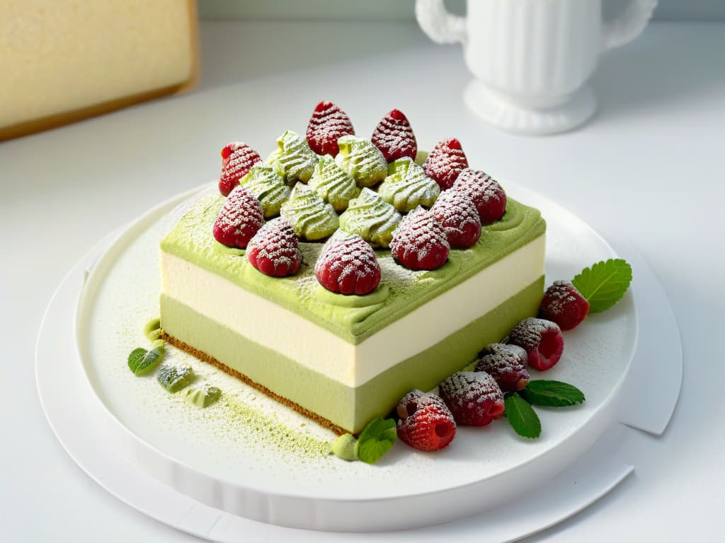  An ultradetailed photorealistic image of a luxurious tiramisu dessert with vibrant green matcha powder sprinkled delicately on top, showing multiple layers of creamy mascarpone cheese, espressosoaked ladyfingers, and a hint of dusted cocoa, elegantly presented on a fine china plate garnished with fresh mint leaves and raspberries. The lighting captures the glossy texture of the dessert, highlighting its intricate details and inviting the viewer to indulge in this gourmet fusion with a sense of sophistication and delight. hyperrealistic, full body, detailed clothing, highly detailed, cinematic lighting, stunningly beautiful, intricate, sharp focus, f/1. 8, 85mm, (centered image composition), (professionally color graded), ((bright soft diffused light)), volumetric fog, trending on instagram, trending on tumblr, HDR 4K, 8K