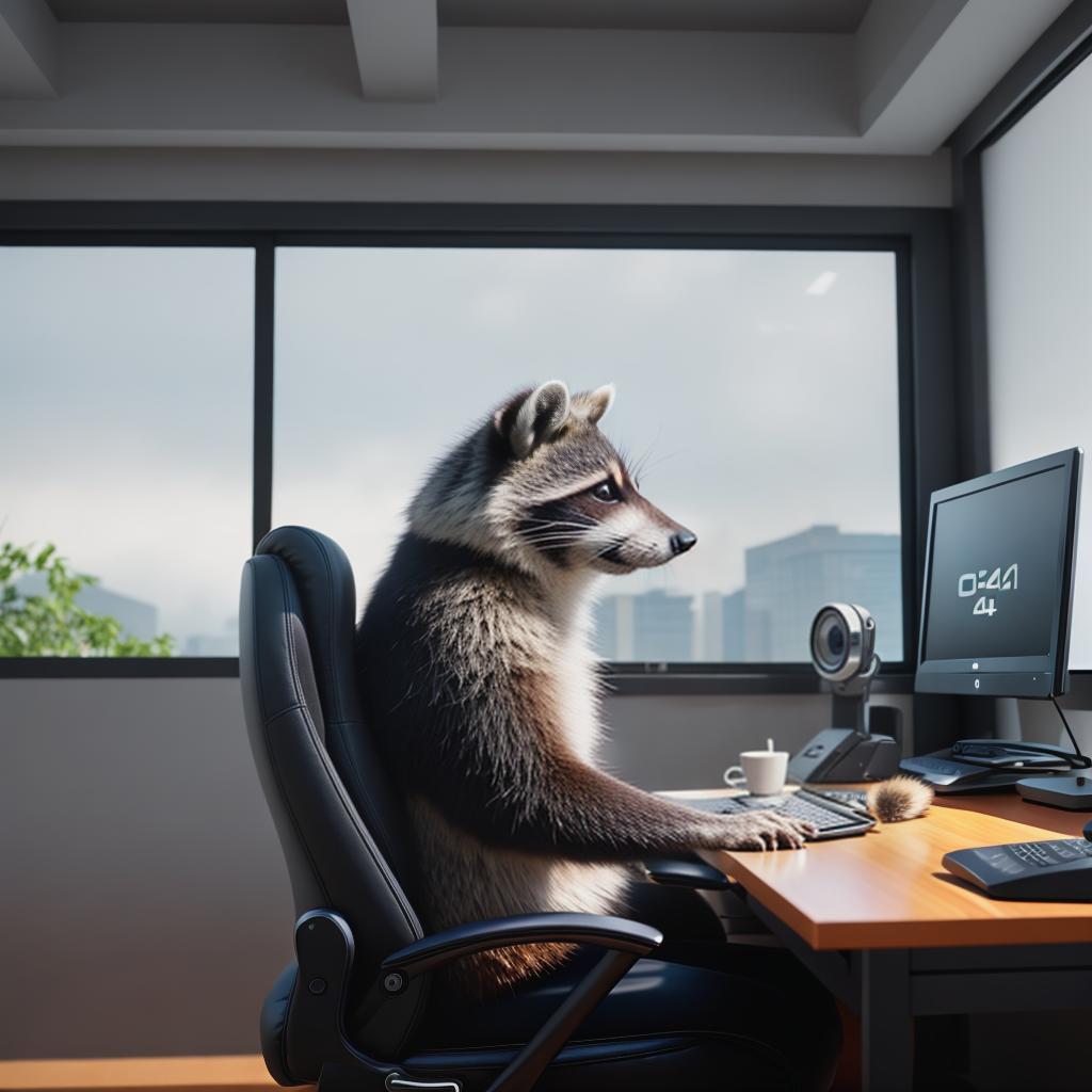  raccoon sitting in gaming chair front a computer on desktop, ((semi anthropomorphic)),(full body), tail, belly, sitting, fat, (chubby), (((white background))), solo, desktop, gaming chair, side view,  [[[clothes]]] hyperrealistic, full body, detailed clothing, highly detailed, cinematic lighting, stunningly beautiful, intricate, sharp focus, f/1. 8, 85mm, (centered image composition), (professionally color graded), ((bright soft diffused light)), volumetric fog, trending on instagram, trending on tumblr, HDR 4K, 8K