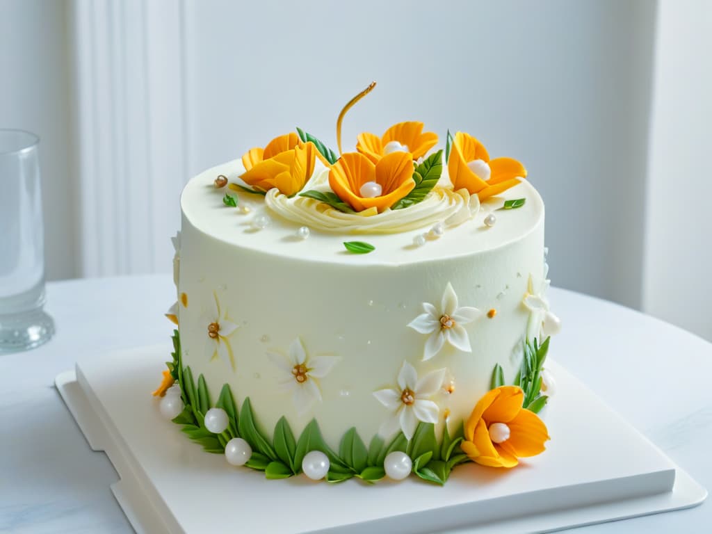  A closeup, ultradetailed image of a perfectly frosted threetiered cake with intricate floral decorations made of fondant and delicate sugar pearls. The cake stands on a sleek, marble countertop, with soft, natural light highlighting every detail of the expertly crafted dessert. hyperrealistic, full body, detailed clothing, highly detailed, cinematic lighting, stunningly beautiful, intricate, sharp focus, f/1. 8, 85mm, (centered image composition), (professionally color graded), ((bright soft diffused light)), volumetric fog, trending on instagram, trending on tumblr, HDR 4K, 8K