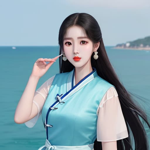  The girl by the sea, Asian woman, wearing a three-point, looks similar to Liu Yifei, oval face, big eyes, double eyelids, long hair, symmetrical plump figure, slender, charming appearance, one hand, pictures to show the whole body,
