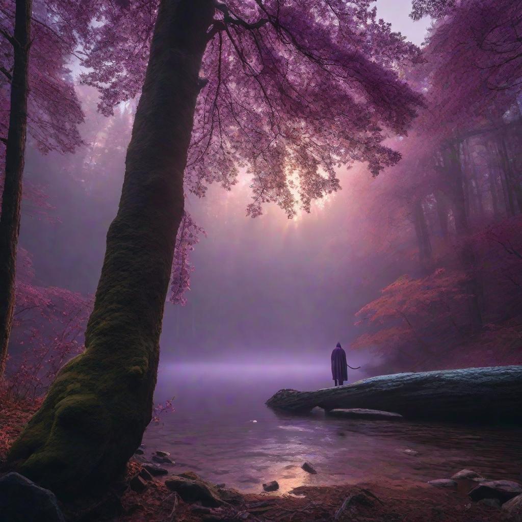  A magical lake in a dark purple forest hyperrealistic, full body, detailed clothing, highly detailed, cinematic lighting, stunningly beautiful, intricate, sharp focus, f/1. 8, 85mm, (centered image composition), (professionally color graded), ((bright soft diffused light)), volumetric fog, trending on instagram, trending on tumblr, HDR 4K, 8K