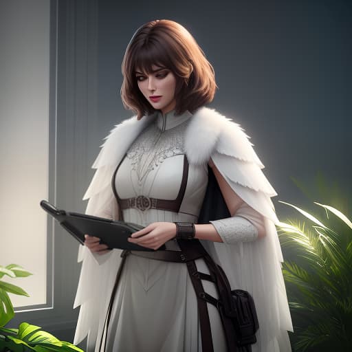  Waist length brunette, tablet and stylus, background with minimal plant, half cartoon, half realistic style, digital art, HDR, C4D, 8K HD hyperrealistic, full body, detailed clothing, highly detailed, cinematic lighting, stunningly beautiful, intricate, sharp focus, f/1. 8, 85mm, (centered image composition), (professionally color graded), ((bright soft diffused light)), volumetric fog, trending on instagram, trending on tumblr, HDR 4K, 8K