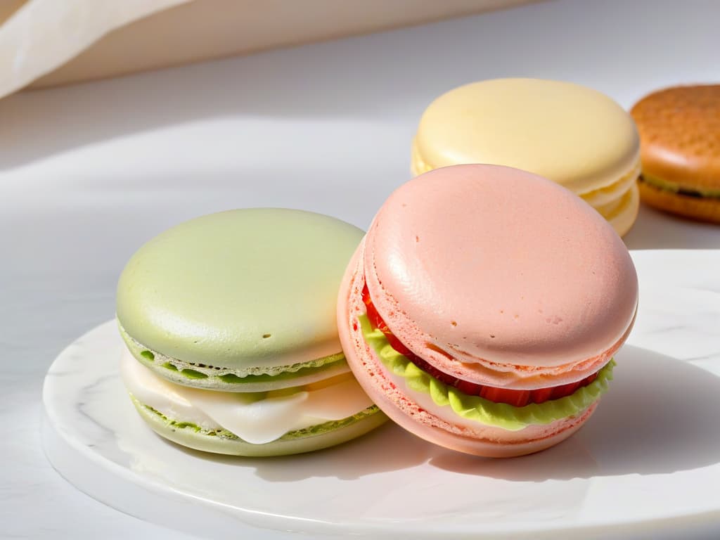  A closeup, ultrahighresolution image of a delicate macaron shell, showcasing its perfectly smooth surface with shiny, crisp edges. The macaron is elegantly placed on a sleek, modern marble countertop, with soft natural light gently illuminating its pastel color. Every intricate detail, from the delicate feet to the glossy top, is captured with stunning clarity, highlighting the precision and artistry required to master this French delicacy. hyperrealistic, full body, detailed clothing, highly detailed, cinematic lighting, stunningly beautiful, intricate, sharp focus, f/1. 8, 85mm, (centered image composition), (professionally color graded), ((bright soft diffused light)), volumetric fog, trending on instagram, trending on tumblr, HDR 4K, 8K