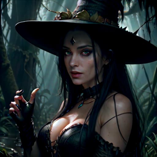  sexy swamp witch/goddess, gators, magic, mystic, dark, mysterious, sexy, fantasy, based in 1901, ethereal, insane detail to her face and perfect features, sparkling nails and eyes.