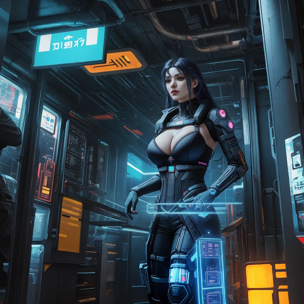  in a cyberpunk setting, cyberpunk space travel woman, dressed regal and appropriate, gigantic bra.