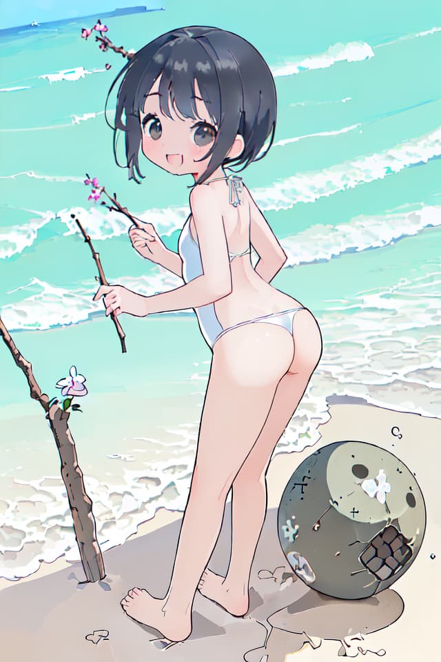  (((composition facing right:1.4、stick out one's butt)))、standing、looking back、(swimsuit、 micro )、smiling、on the beach、best quality:1.4、masterpiece:1.4、ultra detailed beautiful face、RAW photorealistic、absurd resolution、8K illustration、💩、💩、💩