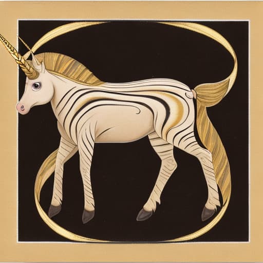  buckskin unicorn whose main and tail are striped tan and black with a gold horn swirled with black