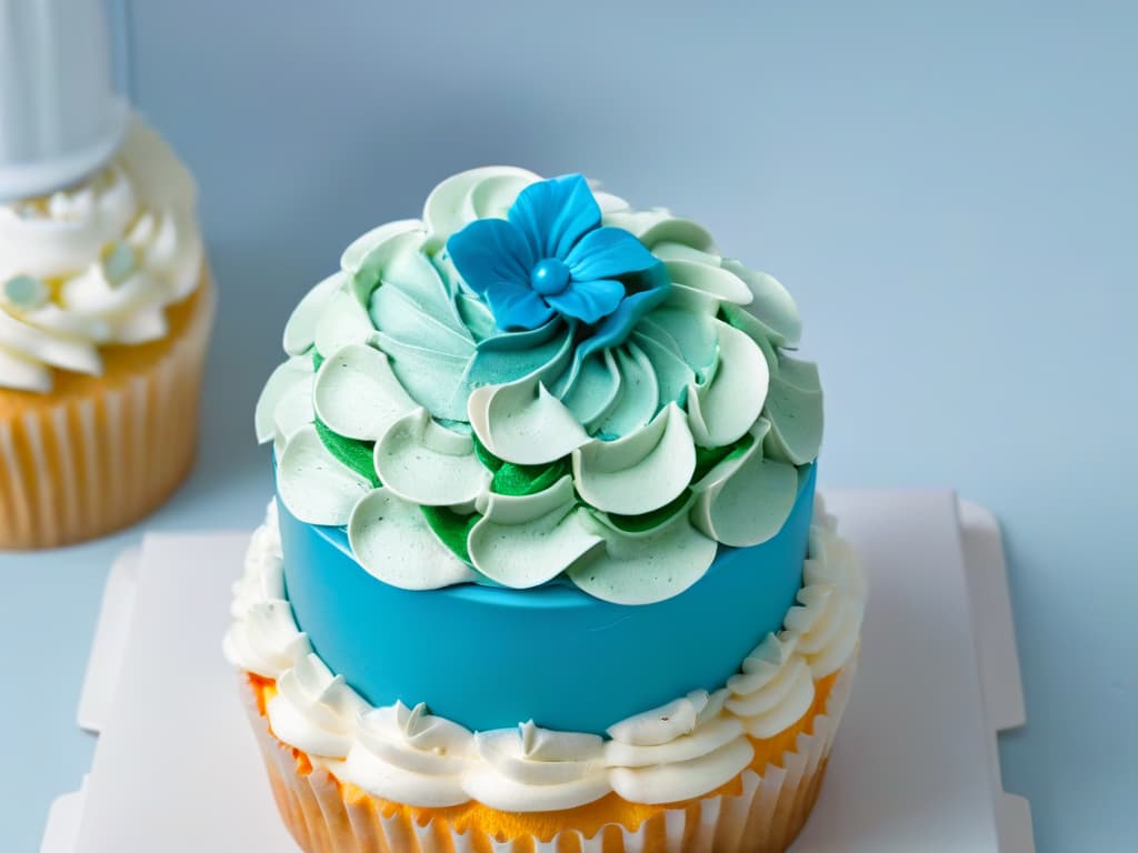  A closeup, ultradetailed image of a delicate, intricately decorated cupcake with vibrant colors and intricate piping work. The cupcake sits on a clean, white background, showcasing the detailed craftsmanship and artistry in the design. hyperrealistic, full body, detailed clothing, highly detailed, cinematic lighting, stunningly beautiful, intricate, sharp focus, f/1. 8, 85mm, (centered image composition), (professionally color graded), ((bright soft diffused light)), volumetric fog, trending on instagram, trending on tumblr, HDR 4K, 8K