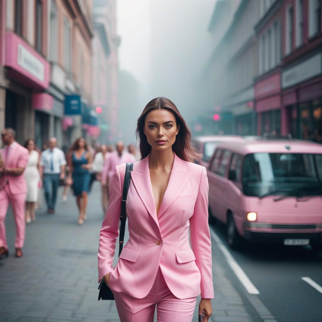  A girl in a pink summer suit walks around the city in a positive mood. hyperrealistic, full body, detailed clothing, highly detailed, cinematic lighting, stunningly beautiful, intricate, sharp focus, f/1. 8, 85mm, (centered image composition), (professionally color graded), ((bright soft diffused light)), volumetric fog, trending on instagram, trending on tumblr, HDR 4K, 8K