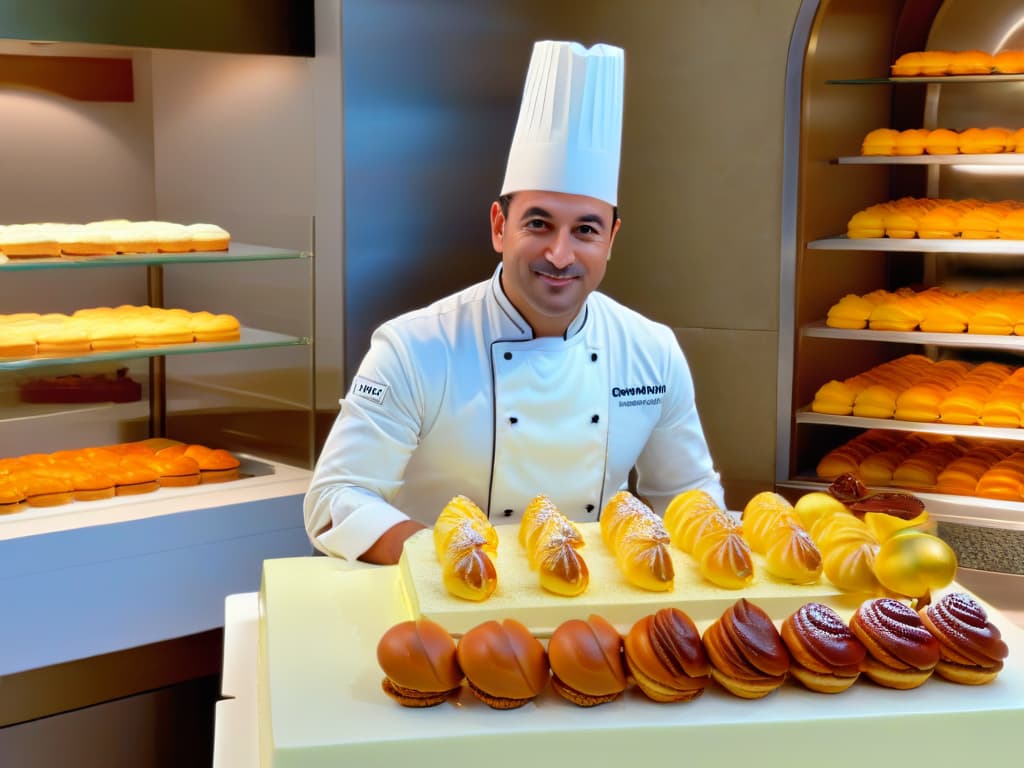  In the image, a beautifully decorated French pastry kitchen is depicted, with marble countertops displaying an array of meticulously crafted classic French pastries such as croissants, macarons, éclairs, and tarts. The golden light streaming in through a large window highlights the intricate details of the pastries, showcasing the expertise and artistry involved in French pastry making. A skilled pastry chef, wearing a crisp white uniform, is elegantly piping delicate decorations onto a cake in the background, adding a touch of movement and action to the scene. The ambiance exudes elegance, precision, and a deep appreciation for the art of French pastry. hyperrealistic, full body, detailed clothing, highly detailed, cinematic lighting, stunningly beautiful, intricate, sharp focus, f/1. 8, 85mm, (centered image composition), (professionally color graded), ((bright soft diffused light)), volumetric fog, trending on instagram, trending on tumblr, HDR 4K, 8K