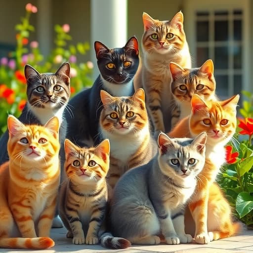  a collection of adorable cats in various poses, showcasing different breeds and colors, playing together in a sunny garden setting with flowers and greenery. hyperrealistic, full body, detailed clothing, highly detailed, cinematic lighting, stunningly beautiful, intricate, sharp focus, f/1. 8, 85mm, (centered image composition), (professionally color graded), ((bright soft diffused light)), volumetric fog, trending on instagram, trending on tumblr, HDR 4K, 8K