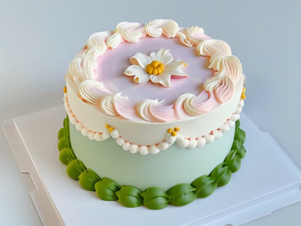  A closeup, ultradetailed image of a perfectly frosted cake with intricate piping details on top, showcasing the skill and artistry involved in pastry competitions. The frosting is smooth and glossy, with delicate swirls and floral decorations in pastel colors, set against a clean, white background to emphasize the precision and elegance of the design. hyperrealistic, full body, detailed clothing, highly detailed, cinematic lighting, stunningly beautiful, intricate, sharp focus, f/1. 8, 85mm, (centered image composition), (professionally color graded), ((bright soft diffused light)), volumetric fog, trending on instagram, trending on tumblr, HDR 4K, 8K