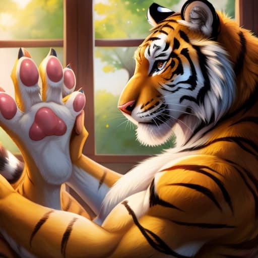  tiger male sex female paw hands feet, open eyes, digital art, masterpiece, 4k, fine details,