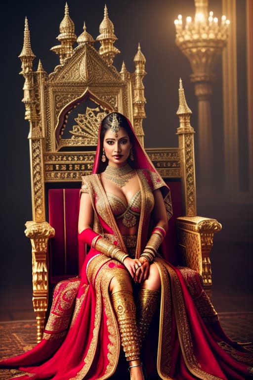  Woman on throne in royal Indian costume hyperrealistic, full body, detailed clothing, highly detailed, cinematic lighting, stunningly beautiful, intricate, sharp focus, f/1. 8, 85mm, (centered image composition), (professionally color graded), ((bright soft diffused light)), volumetric fog, trending on instagram, trending on tumblr, HDR 4K, 8K