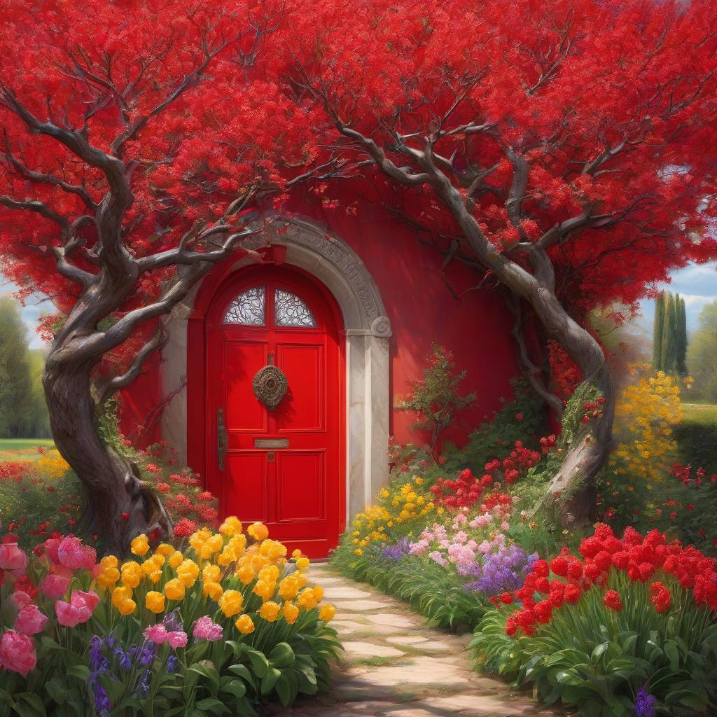  Beautiful red door with branching ornamentation. The door looks like a portal. Fantasy, magic. High elaboration, high realization. The door opens into a beautiful garden. A door without a lock. (Sparkling rim)): spring field, hyacinths, roses, rosehips, rose hips, peonies, cherry tree, yellow, red. Surrealist abstractionism. Honoré Fargonard, Alfonso Mucha. Masterpiece. Detailed elaboration, detailed drawing. A girl in a white dress walking along a small brook, golden hair. Only the back of the head is visible. Girl in heels. Hair gathered in a bundle, trees. Surrealist abstractionism. Rocks on the sides of the creek, red plants. Alfonso Mucha, Honoré Fargonard. hyperrealistic, full body, detailed clothing, highly detailed, cinematic lighting, stunningly beautiful, intricate, sharp focus, f/1. 8, 85mm, (centered image composition), (professionally color graded), ((bright soft diffused light)), volumetric fog, trending on instagram, trending on tumblr, HDR 4K, 8K