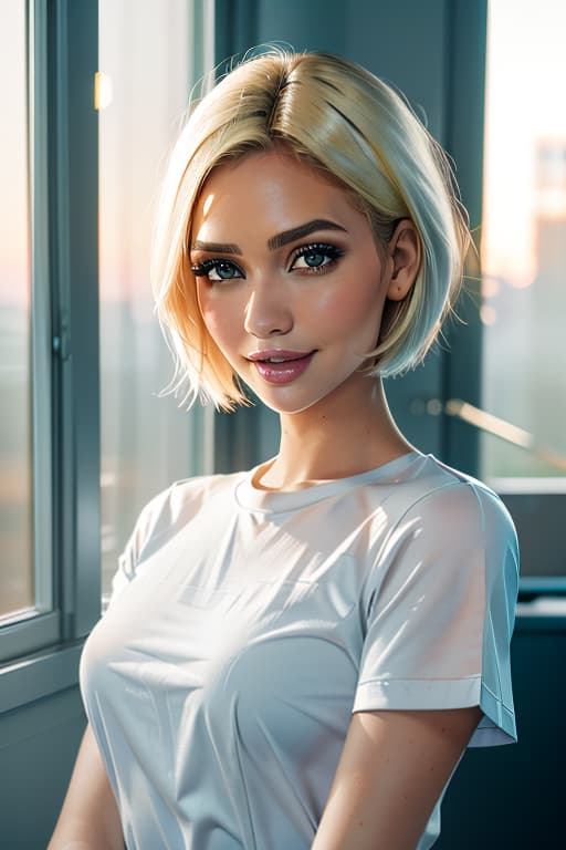  1girl,1girl,blonde short hair,straight hair,upper body shot,shirt,smile hyperrealistic, full body, detailed clothing, highly detailed, cinematic lighting, stunningly beautiful, intricate, sharp focus, f/1. 8, 85mm, (centered image composition), (professionally color graded), ((bright soft diffused light)), volumetric fog, trending on instagram, trending on tumblr, HDR 4K, 8K