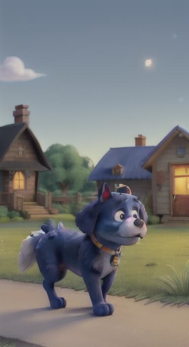  {Max walking back towards the cozy little house with droopy eyes, as twilight falls, The big blue dog is large with sky blue fur, big round eyes, a black nose, and floppy ears.