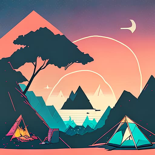 nvinkpunk Whimsical mountains with trees, and camping tent with campfire