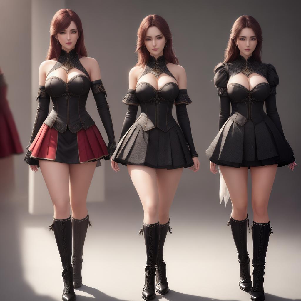  ((masterpiece)), ((best quality)), 8k, high detailed, ultra-detailed, three girls seen from the back and three girls seen from the front, all wearing very short skirts, outfits, and high boots, in a realistic style hyperrealistic, full body, detailed clothing, highly detailed, cinematic lighting, stunningly beautiful, intricate, sharp focus, f/1. 8, 85mm, (centered image composition), (professionally color graded), ((bright soft diffused light)), volumetric fog, trending on instagram, trending on tumblr, HDR 4K, 8K