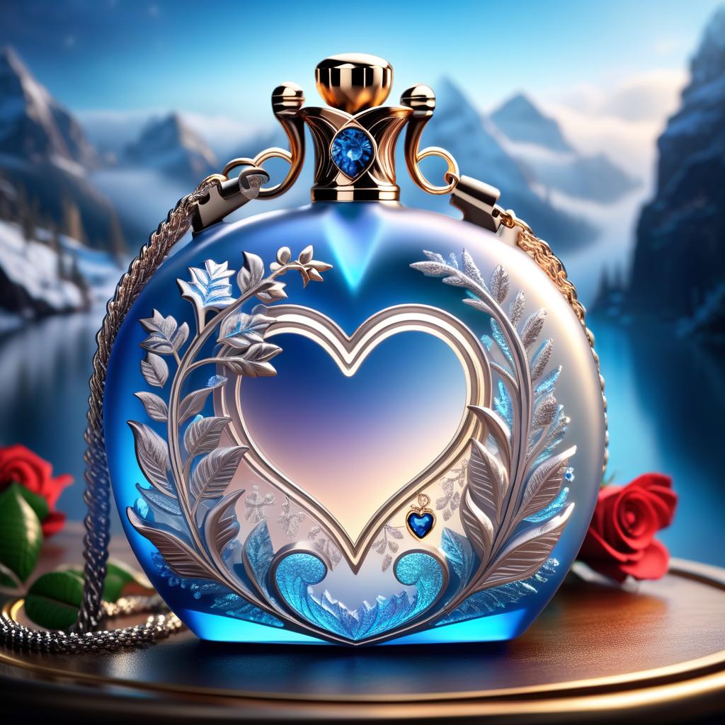  ethereal fantasy concept art of In the foreground on the background of a spiral a mould in the form of a fantasy heart. (Inside the mould): there is a ceramic vase with snowflake flowers, an envelope with a blue sealing wax seal, a handbag. (Ladies handbag design): silver grey colour, embroidered with roses and decorated with a silver decorative chain, and a clasp in the form of two ice flakes. . magnificent, celestial, ethereal, painterly, epic, majestic, magical, fantasy art, cover art, dreamy hyperrealistic, full body, detailed clothing, highly detailed, cinematic lighting, stunningly beautiful, intricate, sharp focus, f/1. 8, 85mm, (centered image composition), (professionally color graded), ((bright soft diffused light)), volumetric fog, trending on instagram, trending on tumblr, HDR 4K, 8K