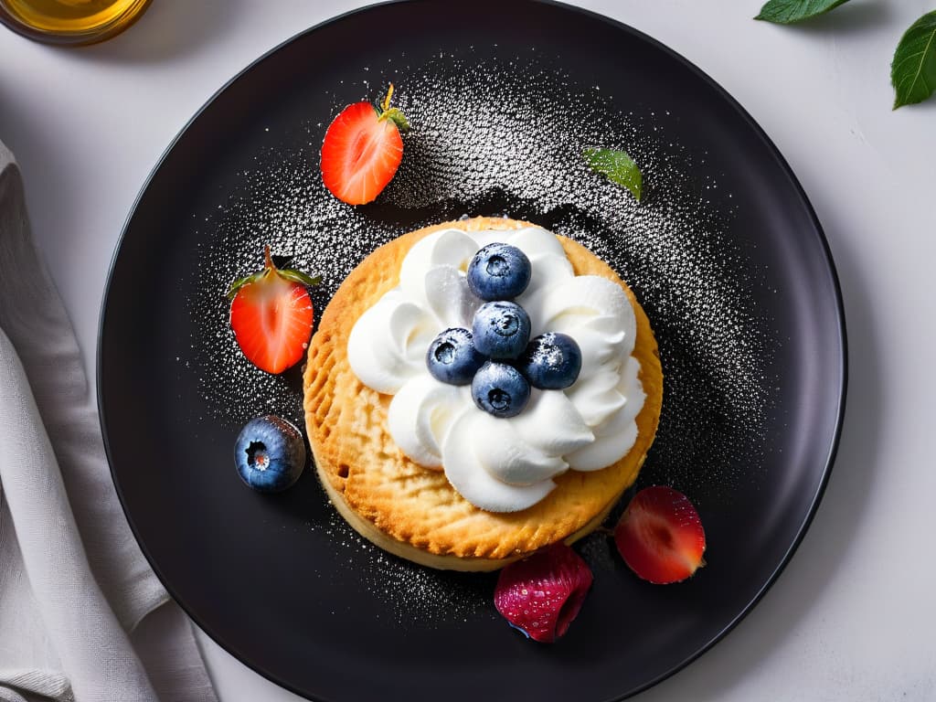  A closeup, ultradetailed image of a perfectly golden and crispy ketofriendly almond flour biscuit, topped with a dollop of whipped coconut cream and fresh berries, set on a sleek, modern, matte black plate, with a soft focus background showcasing a glimpse of a stylish, minimalistic kitchen. hyperrealistic, full body, detailed clothing, highly detailed, cinematic lighting, stunningly beautiful, intricate, sharp focus, f/1. 8, 85mm, (centered image composition), (professionally color graded), ((bright soft diffused light)), volumetric fog, trending on instagram, trending on tumblr, HDR 4K, 8K