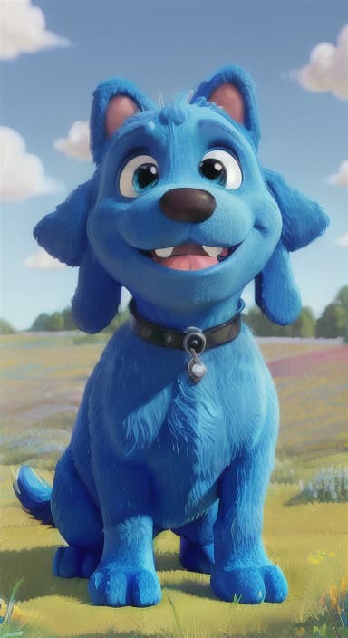  {A happy, big blue dog wagging its tail in a colorful meadow, The big blue dog is large with sky blue fur, big round eyes, a black nose, and floppy ears.