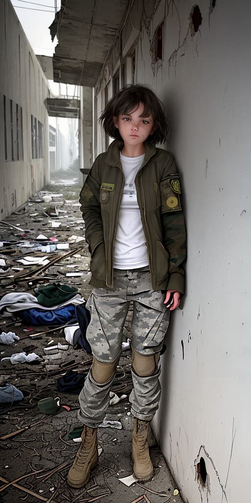  homeless-girl, takes off military pants, dirty, boy haircut, around the corner, in an abandoned place