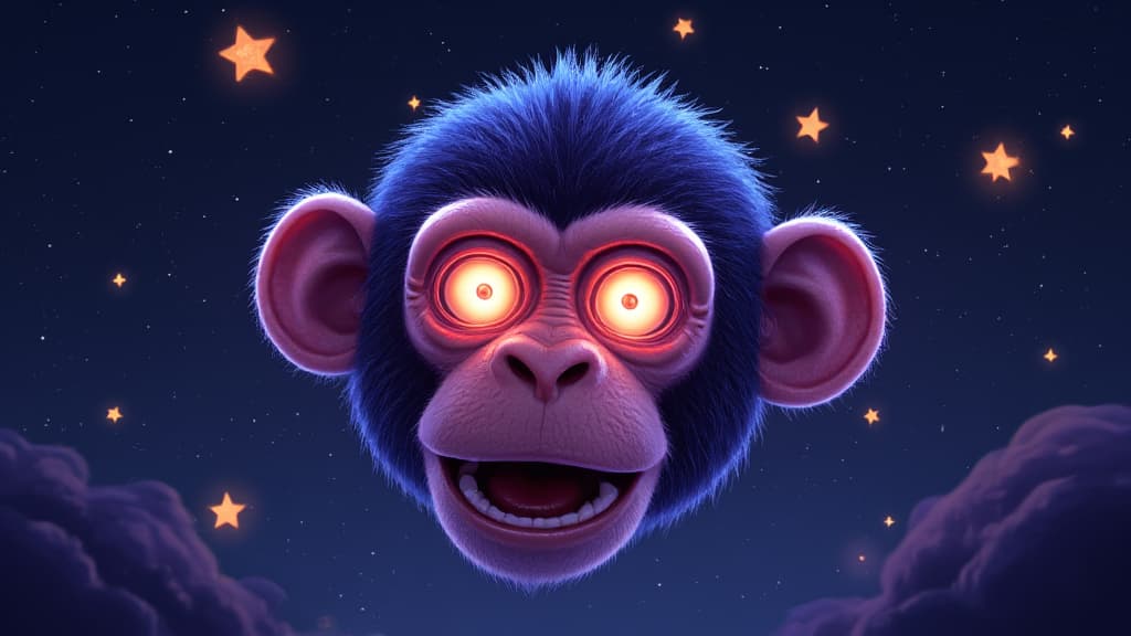  good quality, high quality, neon monkey face with bright eyes, floating through a whimsical starry sky, curious and lively