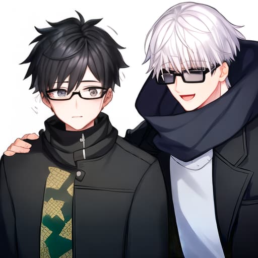  A boy with black hair, glasses and a black windbreaker kissed a boy with platinum hair, big eyes, high nose and a scarf.