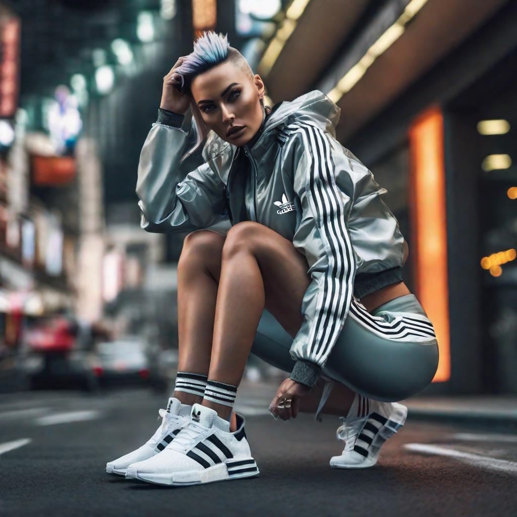  adidas punk woman, photographic hyperrealistic, full body, detailed clothing, highly detailed, cinematic lighting, stunningly beautiful, intricate, sharp focus, f/1. 8, 85mm, (centered image composition), (professionally color graded), ((bright soft diffused light)), volumetric fog, trending on instagram, trending on tumblr, HDR 4K, 8K