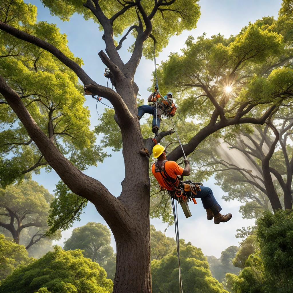  A majestic tree with a climber and a tree cutter working on it. The climber is using ropes and harnesses to ascend the tree, and the cutter is actively cutting branches while secured to the tree. Both are wearing safety gear and the scene should depict a professional tree maintenance job in progress. hyperrealistic, full body, detailed clothing, highly detailed, cinematic lighting, stunningly beautiful, intricate, sharp focus, f/1. 8, 85mm, (centered image composition), (professionally color graded), ((bright soft diffused light)), volumetric fog, trending on instagram, trending on tumblr, HDR 4K, 8K