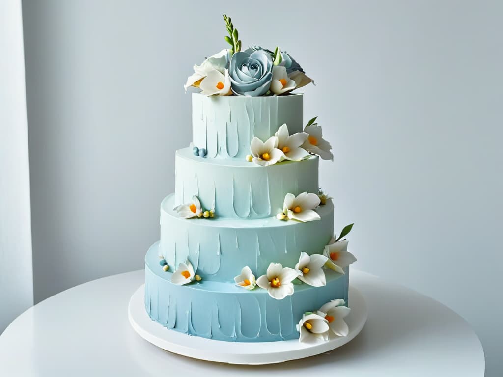  A sleek, minimalistic image of an elegant threetiered wedding cake adorned with cascading fresh flowers in soft pastel hues. The cake sits on a simple white cake stand against a clean, white background, highlighting its intricate details and exquisite craftsmanship. hyperrealistic, full body, detailed clothing, highly detailed, cinematic lighting, stunningly beautiful, intricate, sharp focus, f/1. 8, 85mm, (centered image composition), (professionally color graded), ((bright soft diffused light)), volumetric fog, trending on instagram, trending on tumblr, HDR 4K, 8K