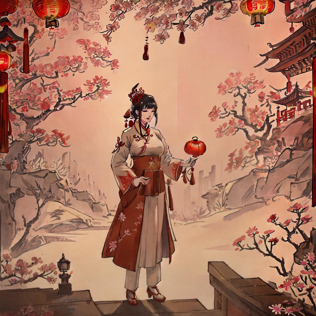  ((masterpiece)), (((best quality))), 8k, high detailed, ultra-detailed. A cute Chinese  standing in a traditional courtyard, wearing a vint red cheongsam with golden floral patterns, (holding a red paper lantern), (a dragon-shaped kite flying in the sky), (a blossom tree with delicate pink flowers) in the background, (sunlight casting a warm glow)]. hyperrealistic, full body, detailed clothing, highly detailed, cinematic lighting, stunningly beautiful, intricate, sharp focus, f/1. 8, 85mm, (centered image composition), (professionally color graded), ((bright soft diffused light)), volumetric fog, trending on instagram, trending on tumblr, HDR 4K, 8K