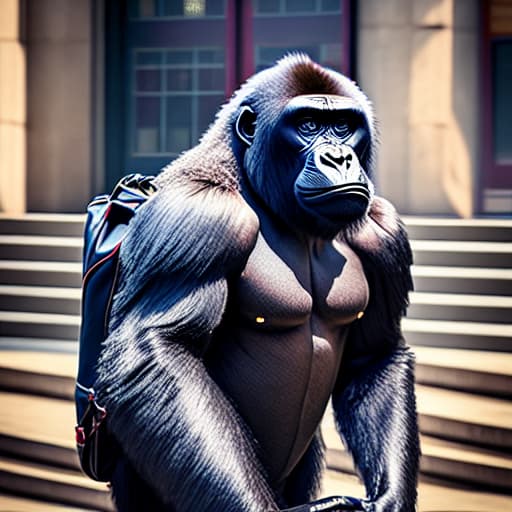  a gorillas standing tare up right wearing a school uniform a bag at the back waking into the school gate name school of hard knox hyperrealistic, full body, detailed clothing, highly detailed, cinematic lighting, stunningly beautiful, intricate, sharp focus, f/1. 8, 85mm, (centered image composition), (professionally color graded), ((bright soft diffused light)), volumetric fog, trending on instagram, trending on tumblr, HDR 4K, 8K