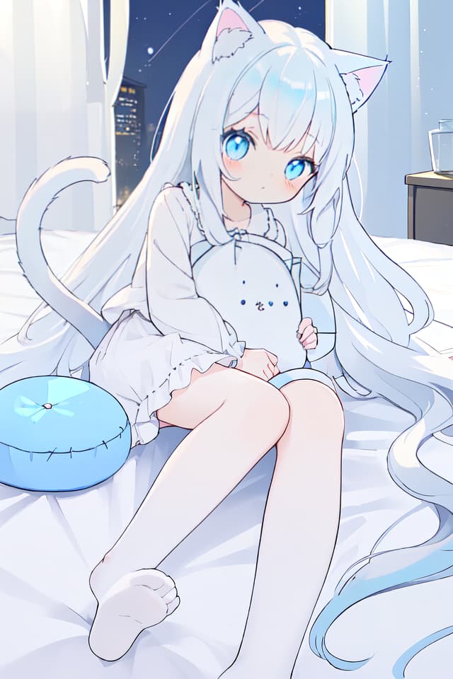  Cat ears, tails, girls, white long hair, light blue eyes, good night, night