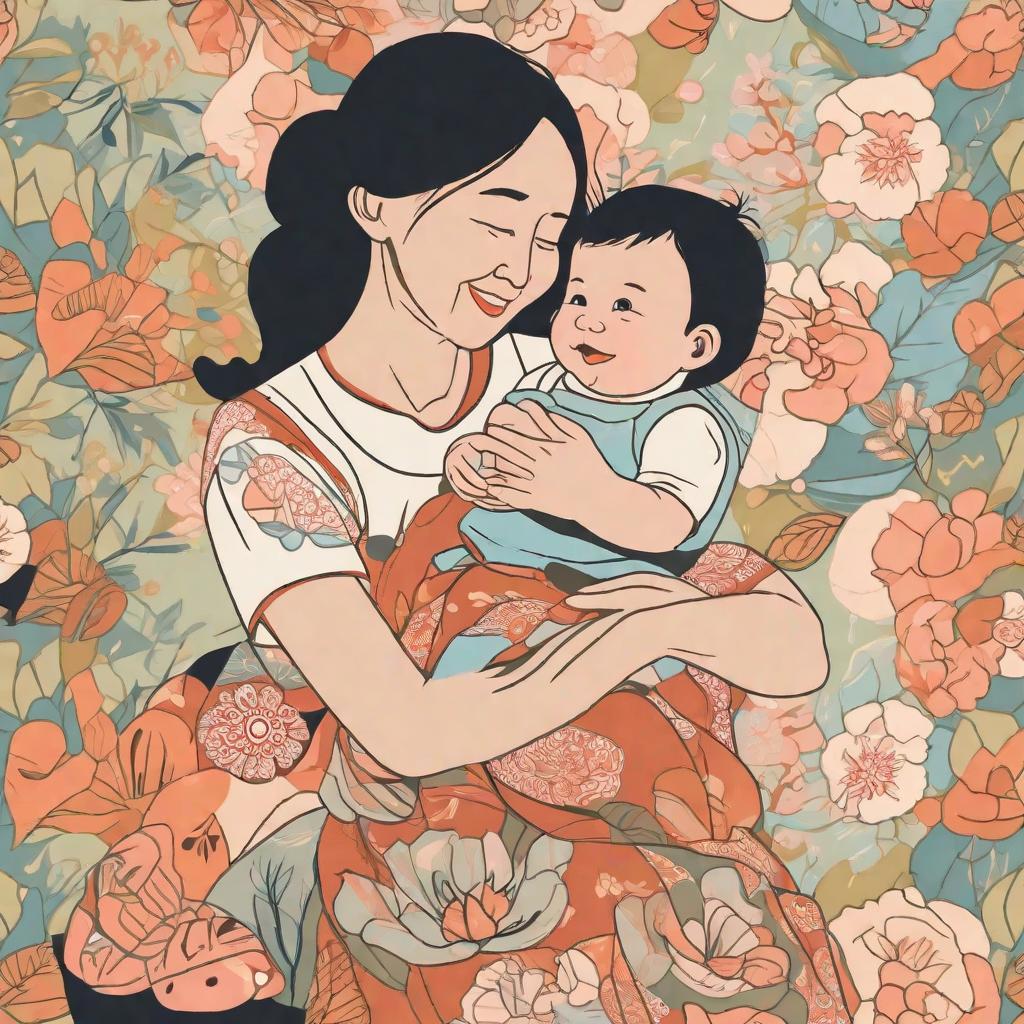  masterpiece, best quality, Asian mother hold baby, half body, cute, smile