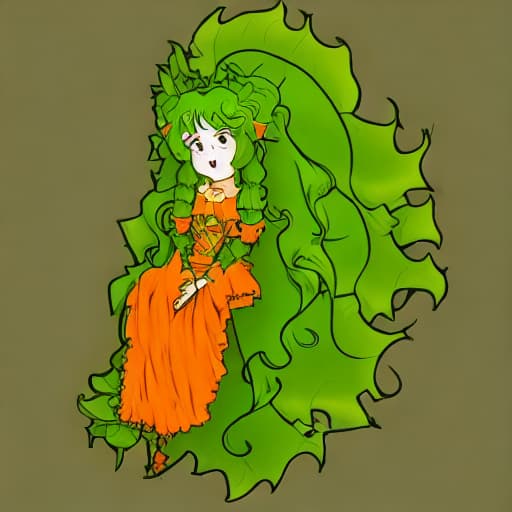  A girl with long hair curl leaves green and orange