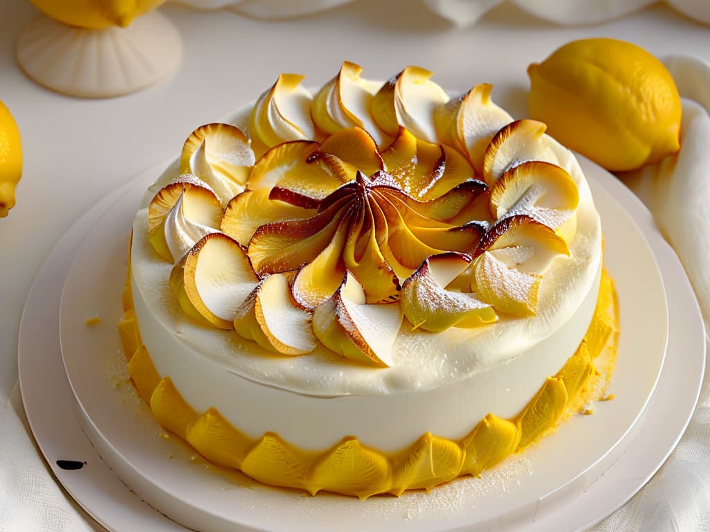  An ultradetailed closeup image of a freshly baked lemon meringue tart, showcasing the golden brown, perfectly caramelized meringue peaks glistening under a soft natural light. The tart sits on a delicate, minimalist white porcelain plate, with a few scattered lemon zest curls artfully placed around it. The image captures the intricate textures of the glossy meringue, the creamy lemon filling peeking through, and the flaky golden crust, inviting the viewer to savor the tangy sweetness of this delectable dessert. hyperrealistic, full body, detailed clothing, highly detailed, cinematic lighting, stunningly beautiful, intricate, sharp focus, f/1. 8, 85mm, (centered image composition), (professionally color graded), ((bright soft diffused light)), volumetric fog, trending on instagram, trending on tumblr, HDR 4K, 8K