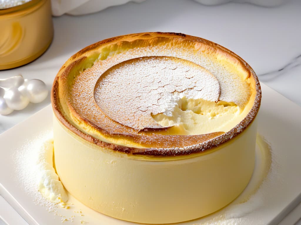  A closeup, ultradetailed image of a perfectly golden and perfectly risen glutenfree soufflé cooling on a marble countertop. The soufflé is delicately sprinkled with a dusting of powdered sugar, with tiny flecks of vanilla beans visible in the light. The texture of the soufflé is captured in such detail that each airy bubble is distinct, showcasing its light and fluffy nature. The background is softly blurred, emphasizing the soufflé as the elegant focal point of the image. hyperrealistic, full body, detailed clothing, highly detailed, cinematic lighting, stunningly beautiful, intricate, sharp focus, f/1. 8, 85mm, (centered image composition), (professionally color graded), ((bright soft diffused light)), volumetric fog, trending on instagram, trending on tumblr, HDR 4K, 8K