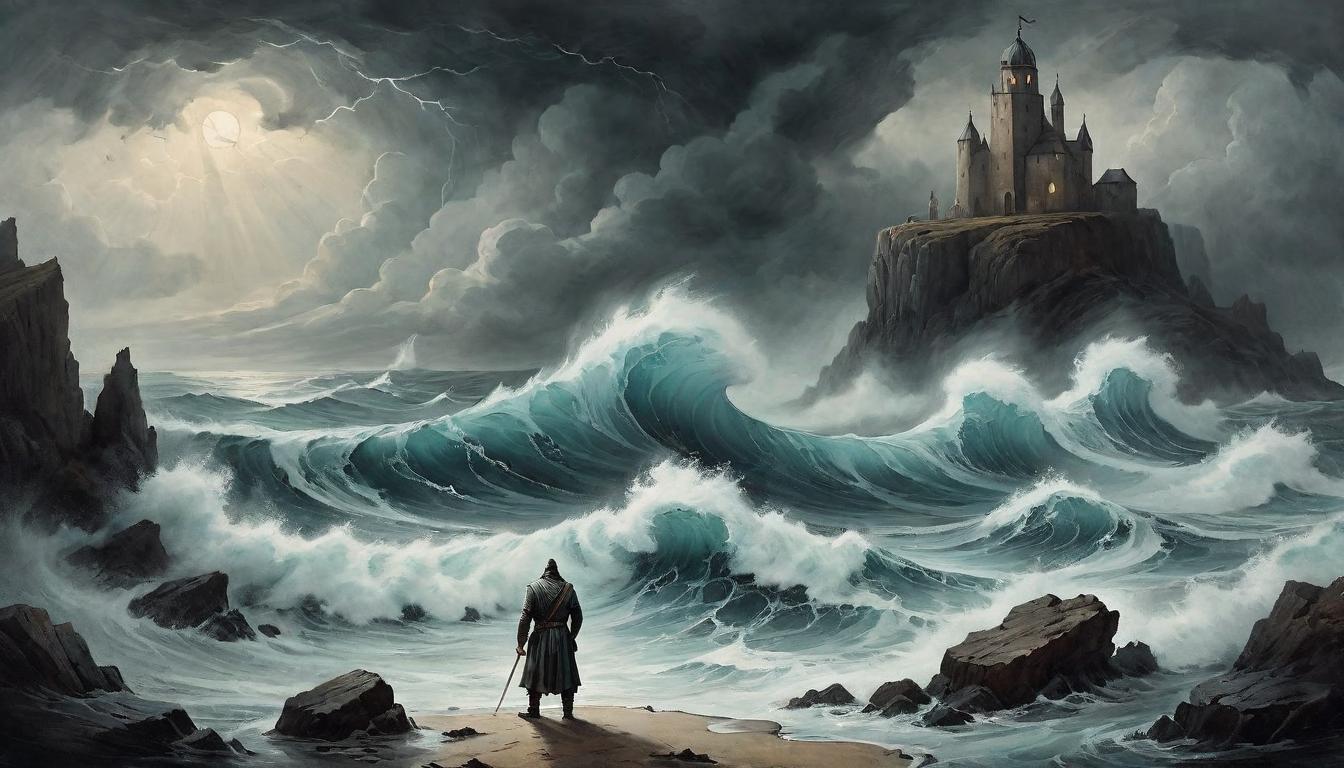  on parchment, surrealism+++, A lone figure standing strong amidst a storm, waves crashing against rocks, endurance, covenant of hardship(mysterious, provocative, symbolic,muted color)+++