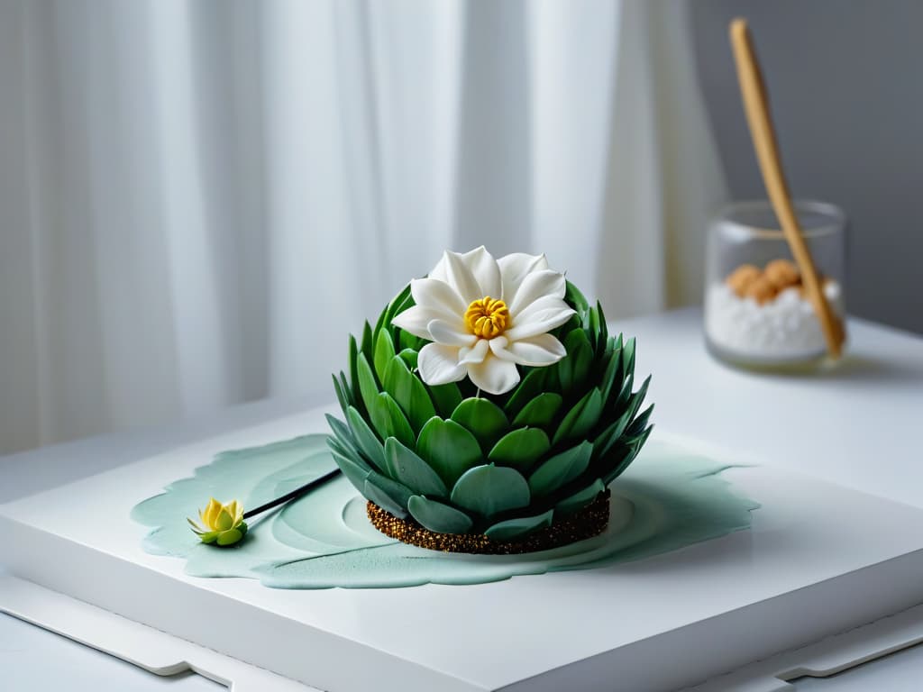  An ultradetailed 8k image of a serene and minimalist workspace for creating sugar sculptures, featuring a sleek white marble countertop with neatly arranged sculpting tools, a delicate sugar flower in progress, soft natural light filtering in from a window, and a small potted succulent plant adding a touch of greenery to the scene. hyperrealistic, full body, detailed clothing, highly detailed, cinematic lighting, stunningly beautiful, intricate, sharp focus, f/1. 8, 85mm, (centered image composition), (professionally color graded), ((bright soft diffused light)), volumetric fog, trending on instagram, trending on tumblr, HDR 4K, 8K