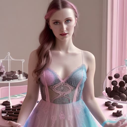  Beautiful Alica Schmidt showing body (transparent lace multi colored pastel dress with visible)(pink cheeks)(shadow lighting)(Superrealism)(Foreground: open box of fine dark chocolates on a small serving table)(Background beautiful mansion bedroom)(delicate hands and fingers)