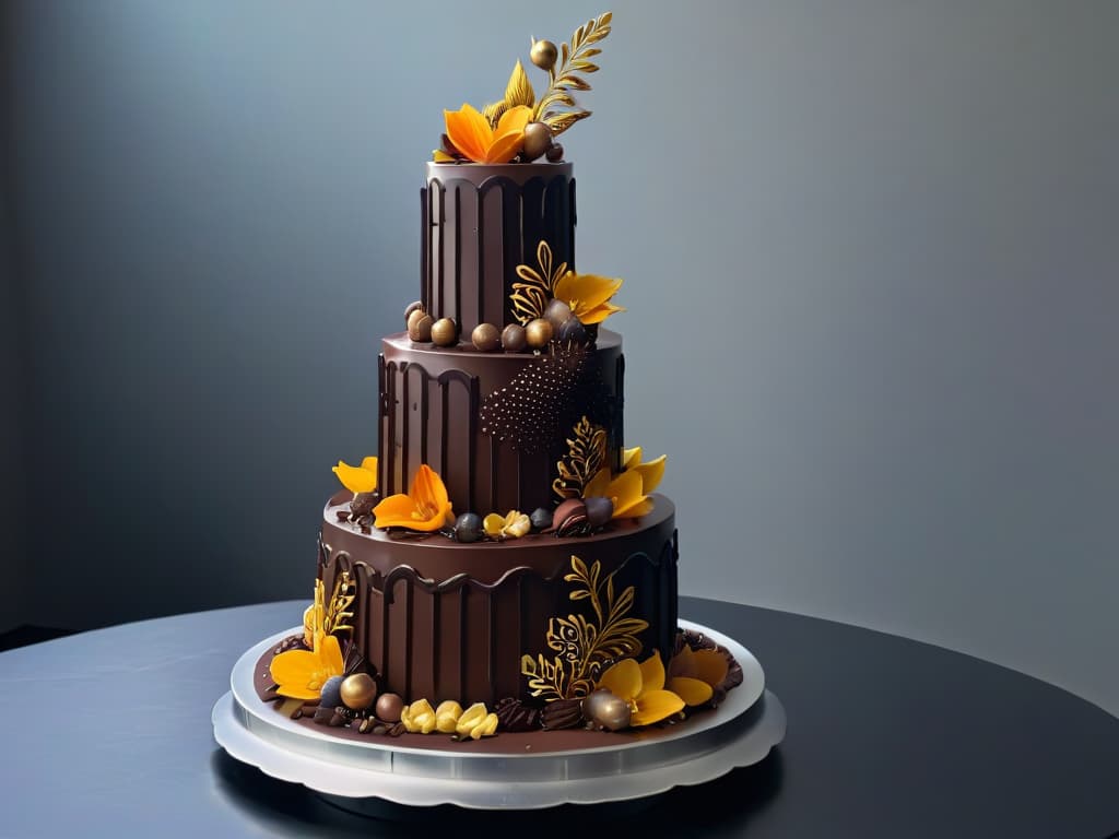  A minimalistic yet highly detailed image of an intricately designed chocolate sculpture, showcasing the artistry and precision involved in professional chocolate work. The sculpture features delicate swirls, intricate patterns, and a glossy finish, all highlighting the advanced techniques discussed in the article. The color palette is rich and luxurious, with shades of deep chocolate brown and shimmering gold accents, evoking a sense of elegance and masterful craftsmanship. hyperrealistic, full body, detailed clothing, highly detailed, cinematic lighting, stunningly beautiful, intricate, sharp focus, f/1. 8, 85mm, (centered image composition), (professionally color graded), ((bright soft diffused light)), volumetric fog, trending on instagram, trending on tumblr, HDR 4K, 8K