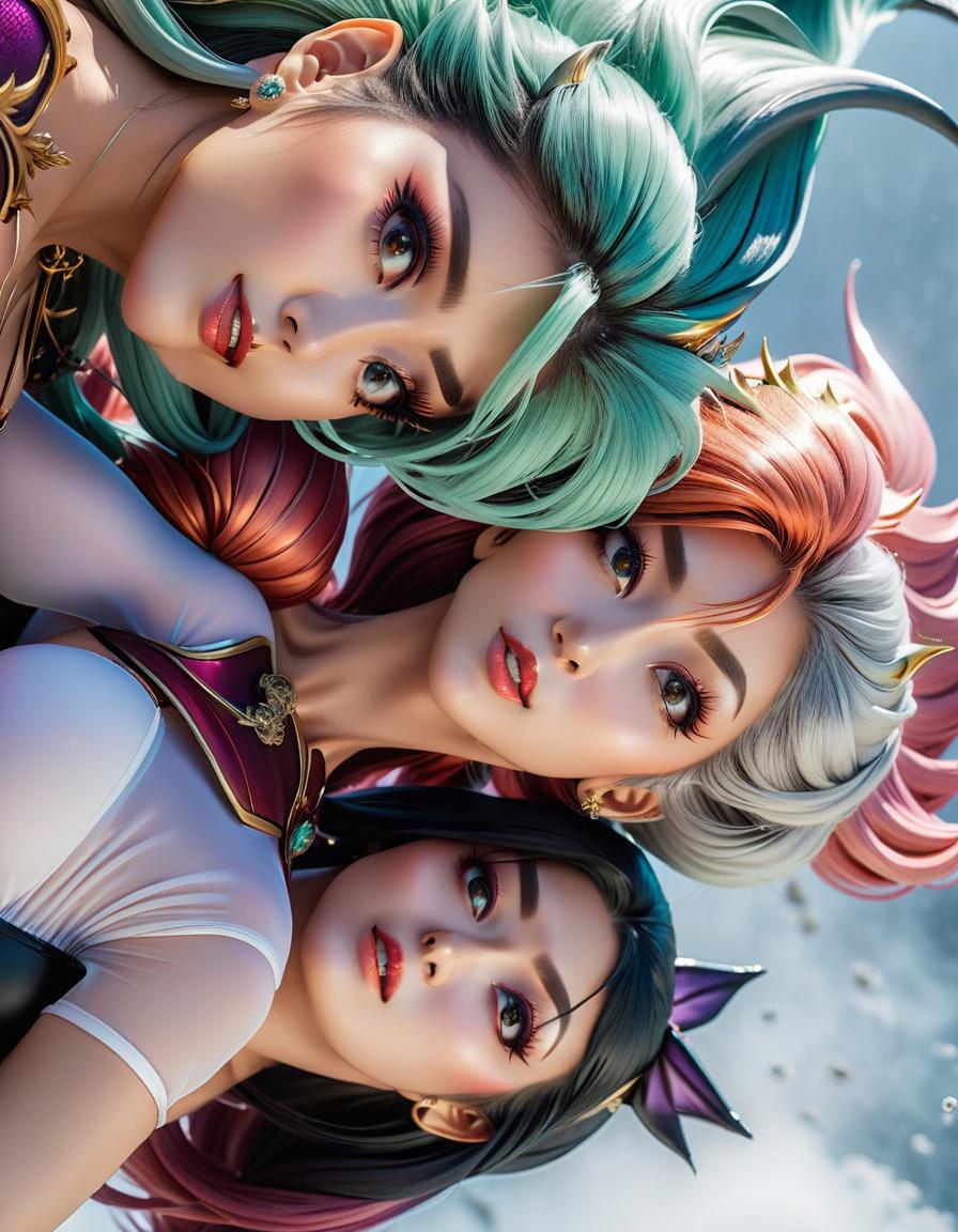  manga style three girls. Demon, mermaid and witch. . vibrant, high energy, detailed, iconic, Japanese comic style hyperrealistic, full body, detailed clothing, highly detailed, cinematic lighting, stunningly beautiful, intricate, sharp focus, f/1. 8, 85mm, (centered image composition), (professionally color graded), ((bright soft diffused light)), volumetric fog, trending on instagram, trending on tumblr, HDR 4K, 8K