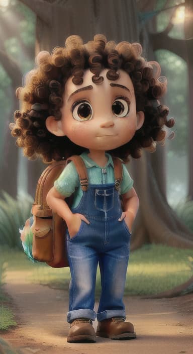  {The tree shining brightly and releasing a gentle, magical light., Riley, a curious with big brown eyes and curly hair, wearing overalls and carrying a small backpack. Their friend, Skye, a bluebird with shiny feathers.