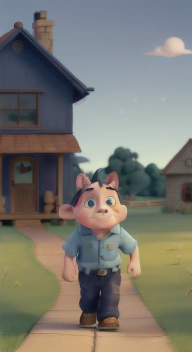  {Max walking back towards the cozy little house with droopy eyes, as twilight falls, The big blue dog is large with sky blue fur, big round eyes, a black nose, and floppy ears.