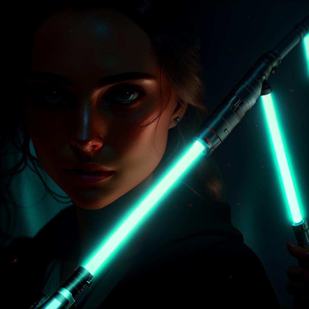  photorealistic wide shot of Natalie Portman as a Jedi knight using her lightsaber to light up a dark cave, light focussed on her face. realistic proportions hyperrealistic, full body, detailed clothing, highly detailed, cinematic lighting, stunningly beautiful, intricate, sharp focus, f/1. 8, 85mm, (centered image composition), (professionally color graded), ((bright soft diffused light)), volumetric fog, trending on instagram, trending on tumblr, HDR 4K, 8K