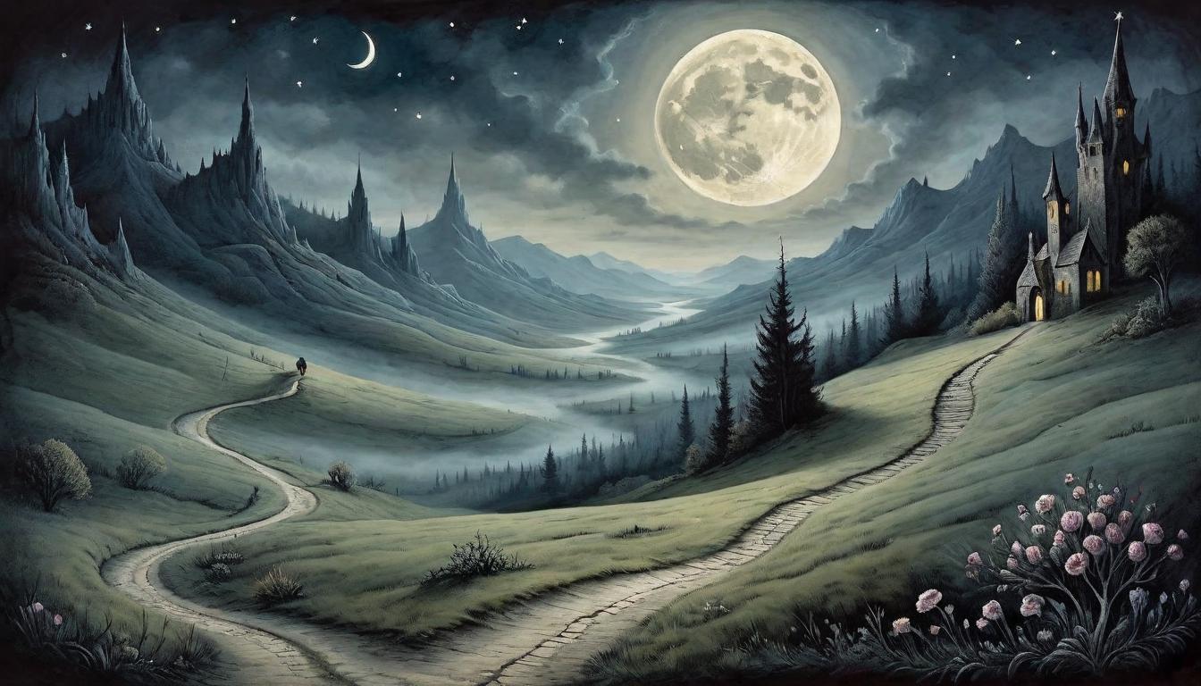  on parchment, surrealism+++, A lonely path through a somber valley under a crescent moon, shadows linger, personal journey through darkness, whisper of hope(mysterious, provocative, symbolic,muted color)+++