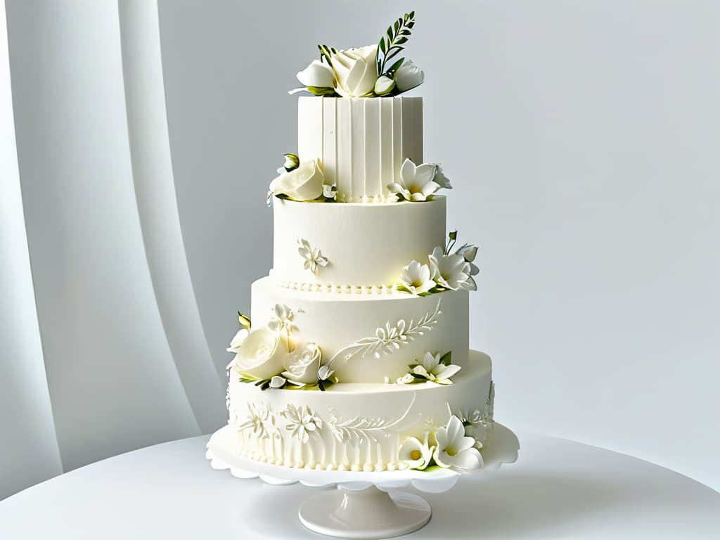  A minimalist and sleek 3D rendering of a beautifully detailed and intricate wedding cake, showcasing various layers adorned with delicate fondant flowers and elegant piping work. The cake is displayed on a simple, clean white pedestal against a soft, blurred background, emphasizing the exquisite craftsmanship and intricate design of the confection. hyperrealistic, full body, detailed clothing, highly detailed, cinematic lighting, stunningly beautiful, intricate, sharp focus, f/1. 8, 85mm, (centered image composition), (professionally color graded), ((bright soft diffused light)), volumetric fog, trending on instagram, trending on tumblr, HDR 4K, 8K