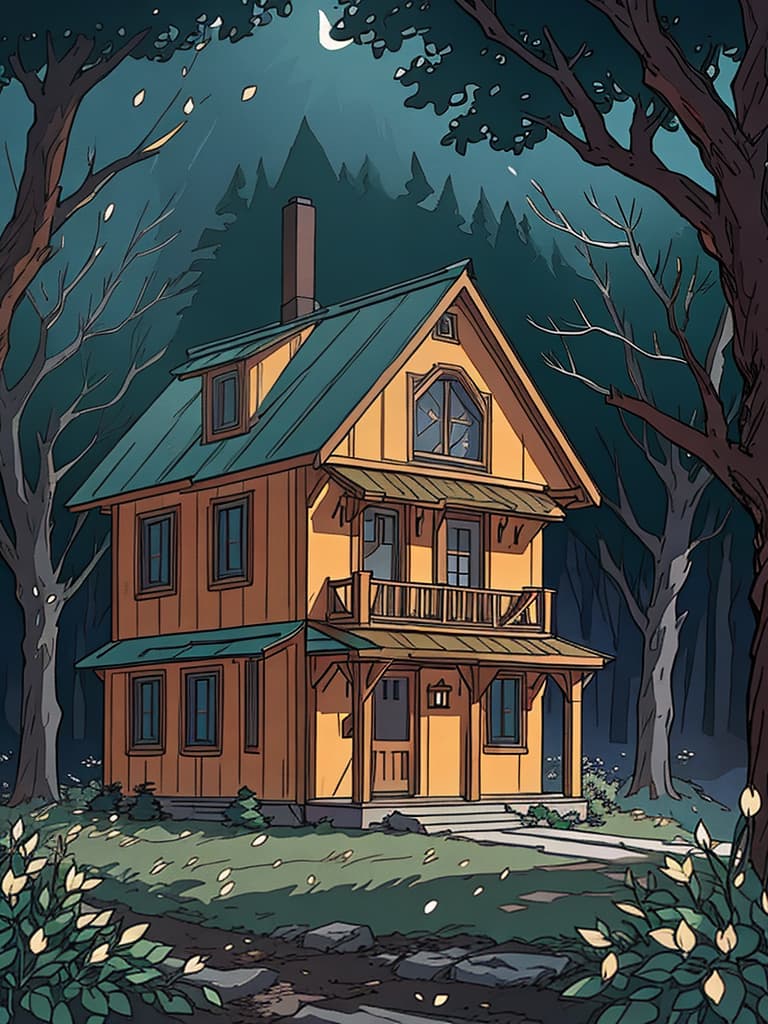  (best quality:0.8) perfect anime illustration, a small house in the woods hyperrealistic, full body, detailed clothing, highly detailed, cinematic lighting, stunningly beautiful, intricate, sharp focus, f/1. 8, 85mm, (centered image composition), (professionally color graded), ((bright soft diffused light)), volumetric fog, trending on instagram, trending on tumblr, HDR 4K, 8K